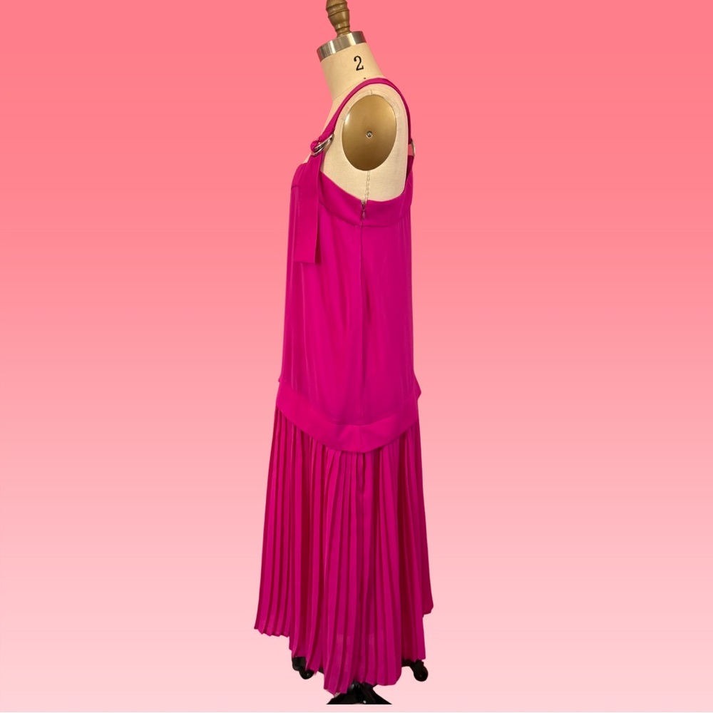 Vintage Kenzo Paris Pleated Flowy Drop Waist Magenta Midi Dress 38 - Picture 3 of 17